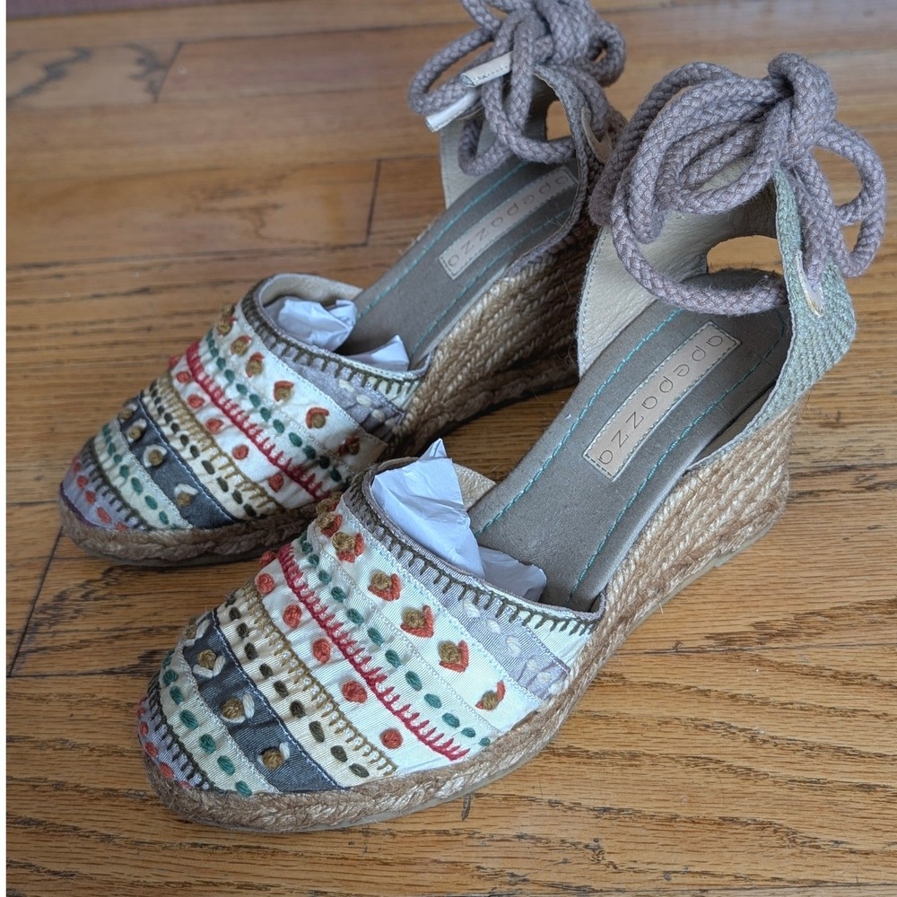 Apepazza‎ Espadrille Wedge Sandals Embroidered Boho Ankle Tie Size 38